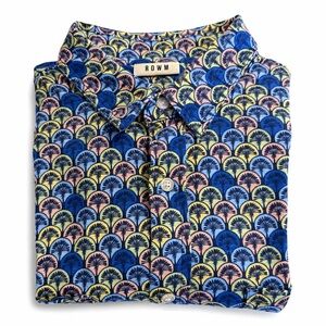 ROWM Men’s XL Cotton Button Down Shirt Blue Geometric Fan Print Short Sleeve